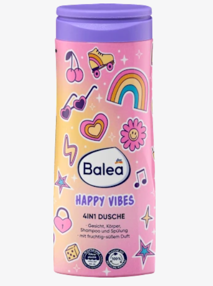 Gel douche enfant visage, corps, shampooing & après-shampooing 4-en-1 “Happy Vibes” – 300 ml 🎵